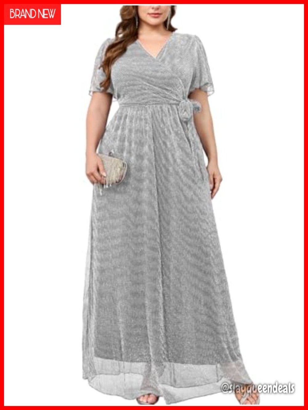 Glitter Metallic Maxi Dress Plus Size V Neck Ruffle Sleeve Wrap Formal Party